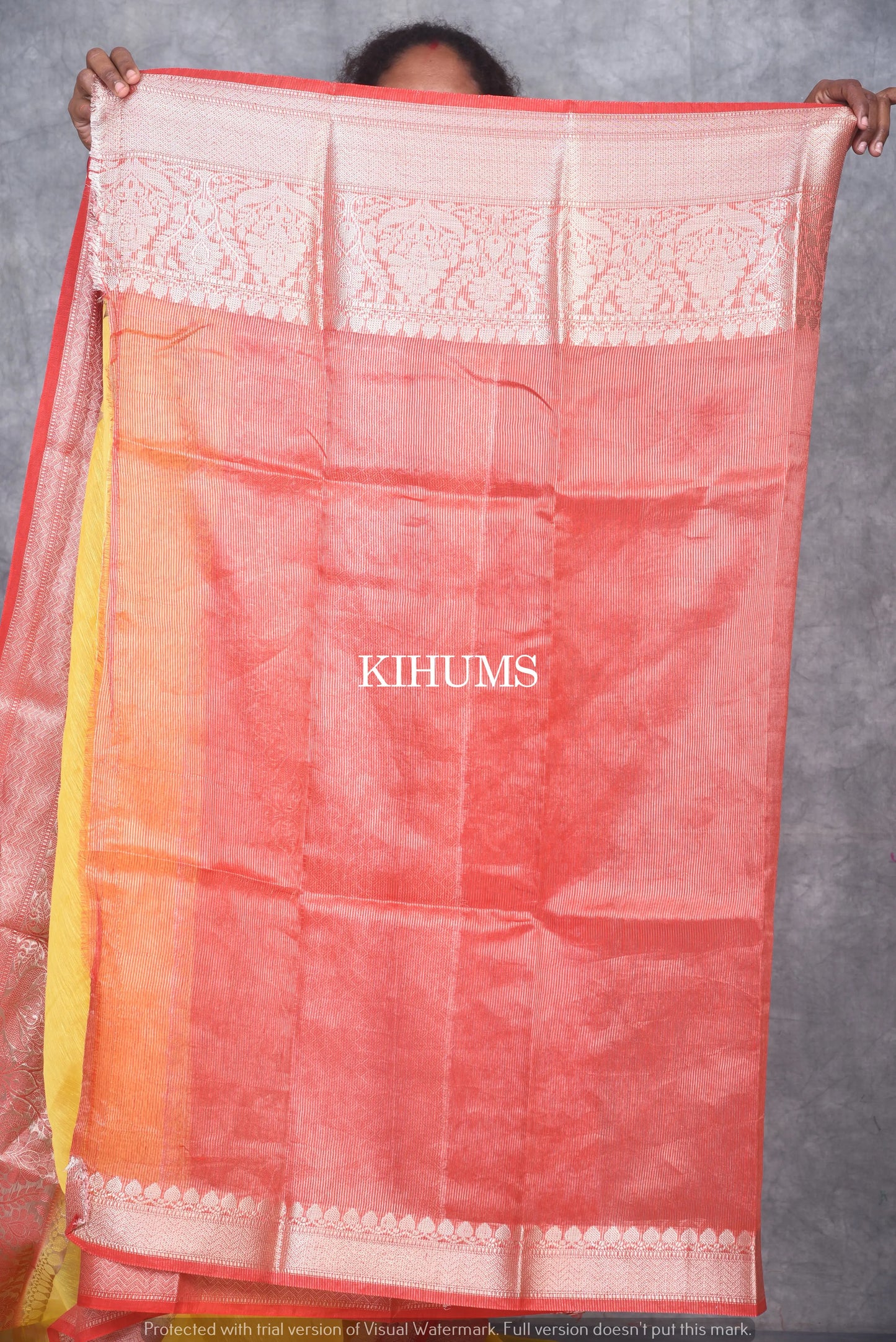 Banarasi Silk Linen Saree | Red and Silver Zari Border | Yellow Body | KIHUMS Saree kihums clothing