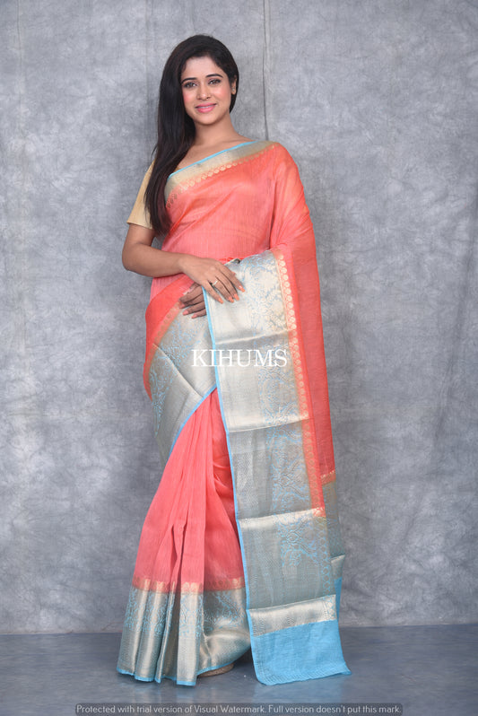 Banarasi Silk Linen Saree | Blue and Silver Zari Border | Pink Body | KIHUMS Saree