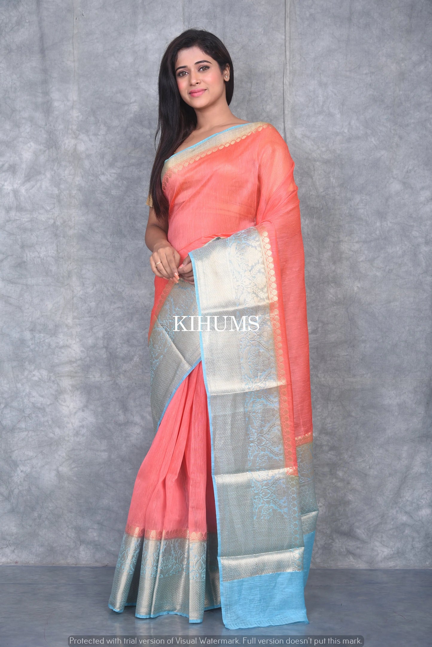 Banarasi Silk Linen Saree | Blue and Silver Zari Border | Pink Body | KIHUMS Saree kihums clothing
