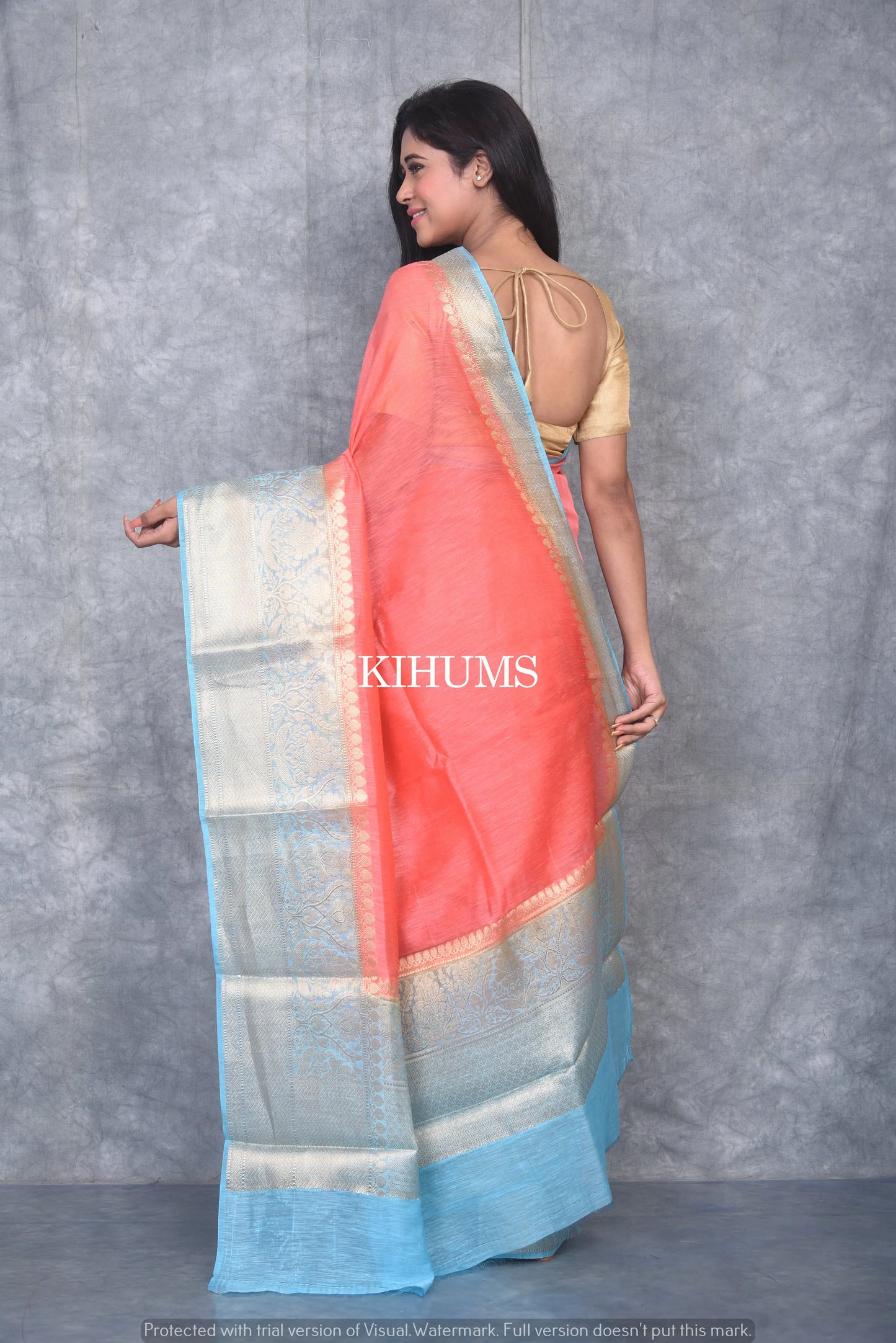 Banarasi Silk Linen Saree | Blue and Silver Zari Border | Pink Body | KIHUMS Saree kihums clothing