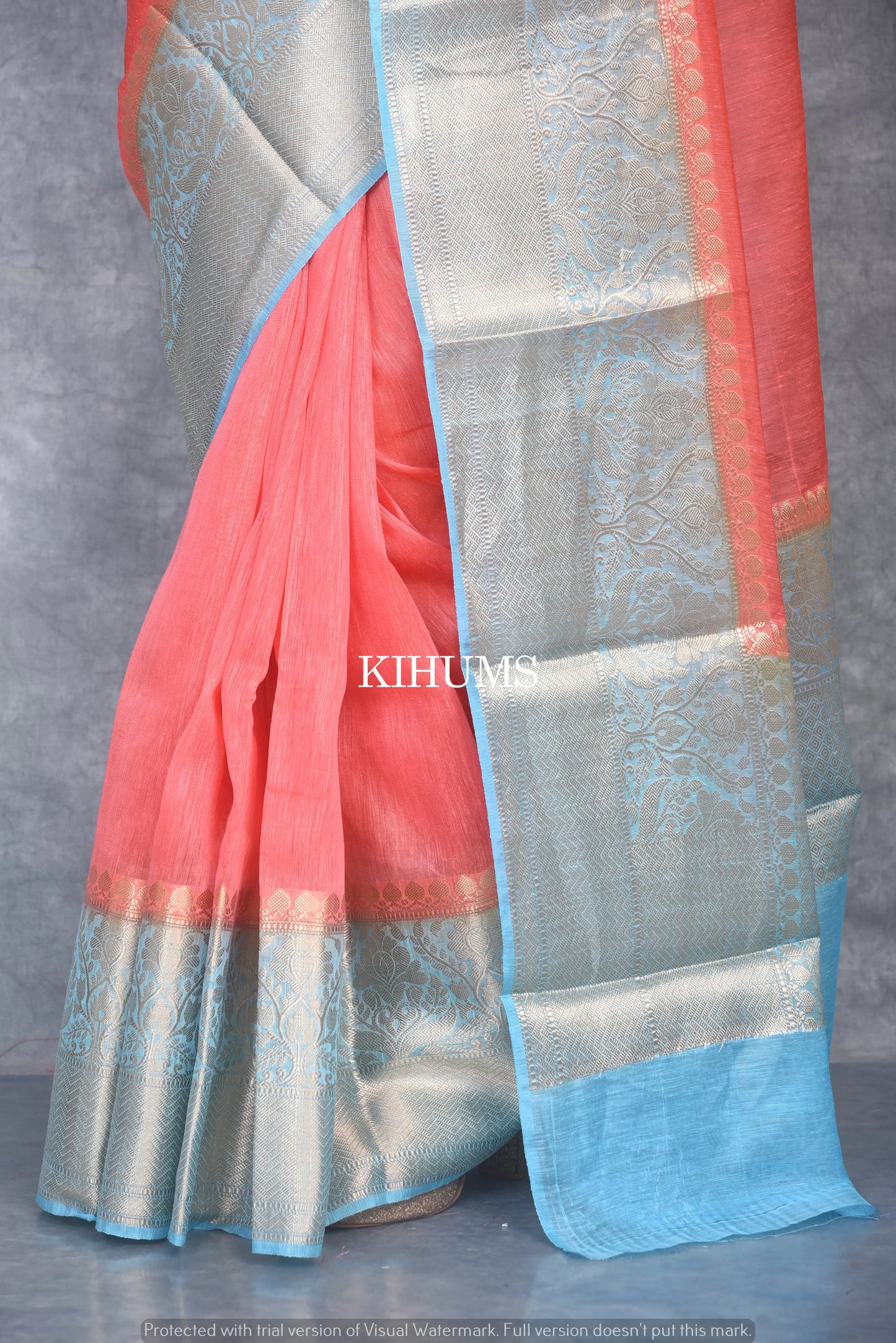 Banarasi Silk Linen Saree | Blue and Silver Zari Border | Pink Body | KIHUMS Saree kihums clothing