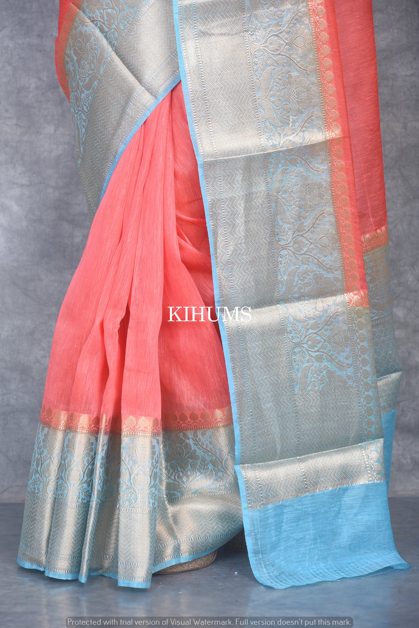 Banarasi Silk Linen Saree | Blue and Silver Zari Border | Pink Body | KIHUMS Saree