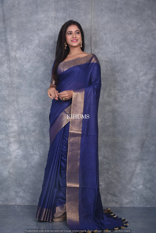 Dark Blue Shade Handmade Cotton Silk Saree | Gold Zari Border | KIHUMS Saree kihums clothing