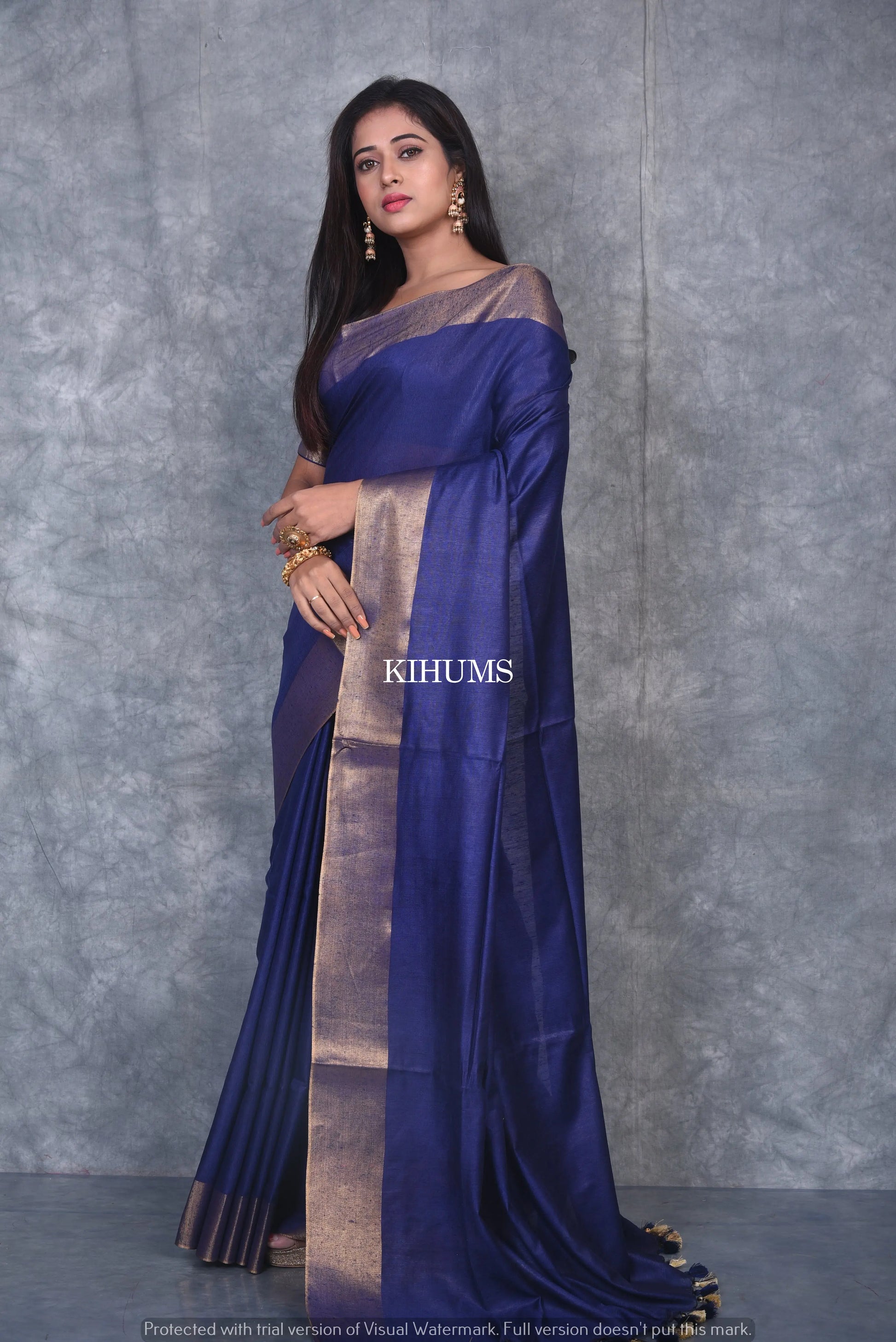 Dark Blue Shade Handmade Cotton Silk Saree | Gold Zari Border | KIHUMS Saree kihums clothing