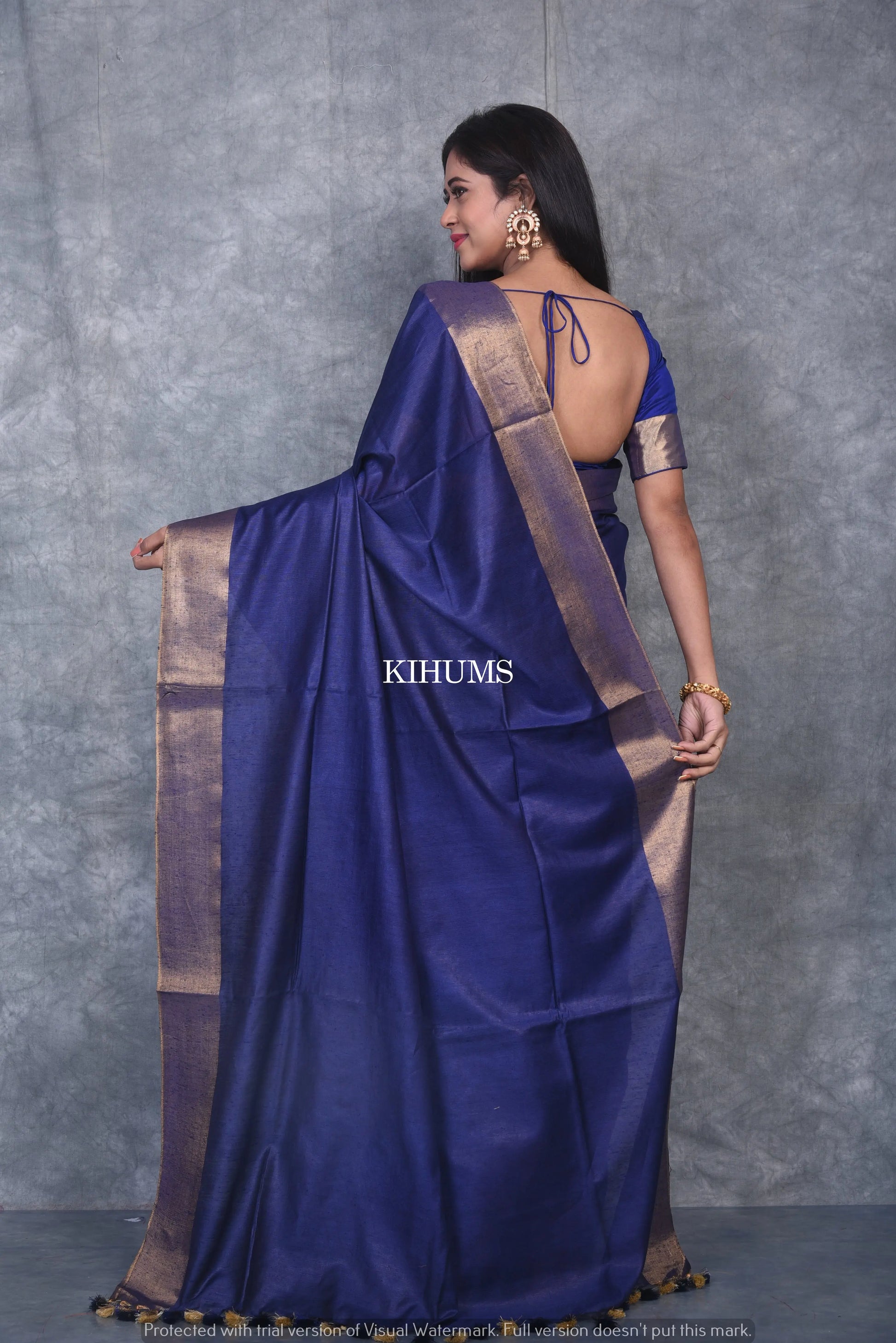 Dark Blue Shade Handmade Cotton Silk Saree | Gold Zari Border | KIHUMS Saree kihums clothing