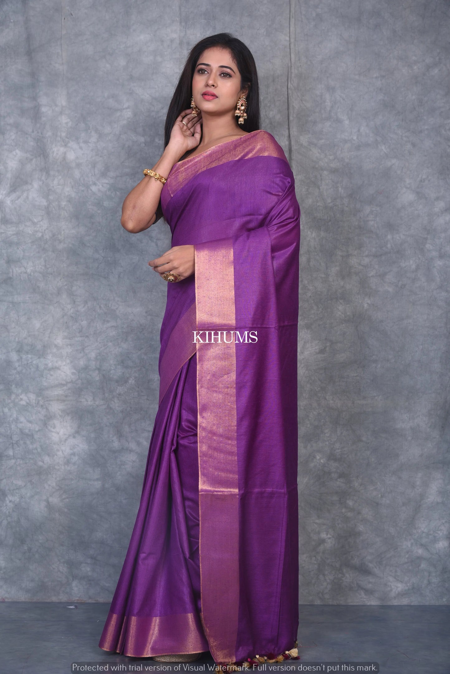 Dark Purple Shade Handmade Cotton Silk Saree | Gold Zari Border | KIHUMS Saree