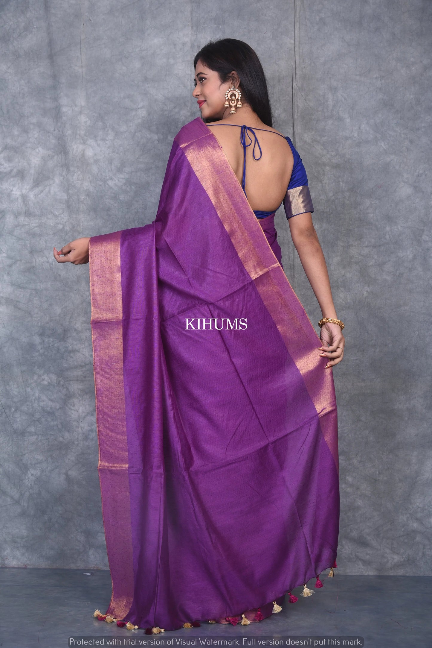 Dark Purple Shade Handmade Cotton Silk Saree | Gold Zari Border | KIHUMS Saree