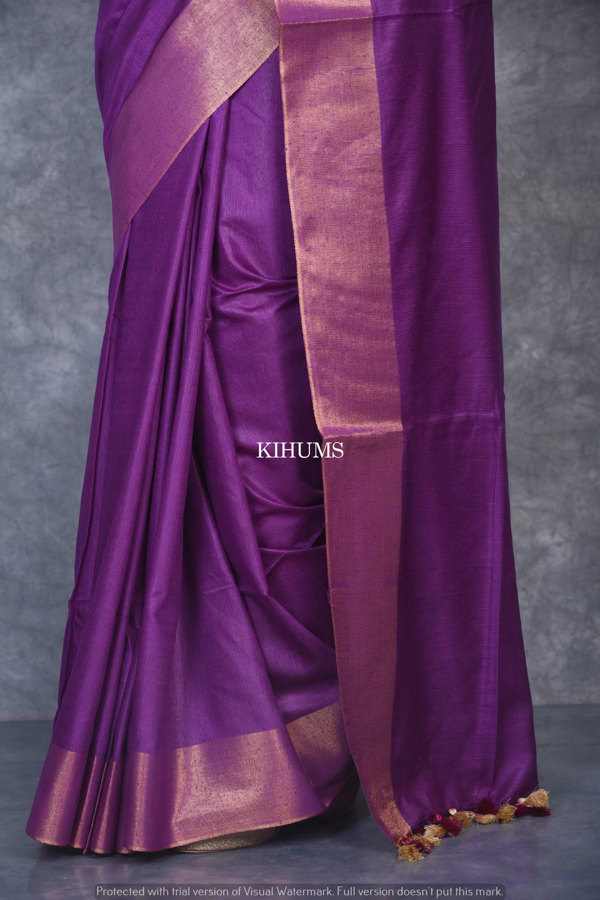 Dark Purple Shade Handmade Cotton Silk Saree | Gold Zari Border | KIHUMS Saree kihums clothing