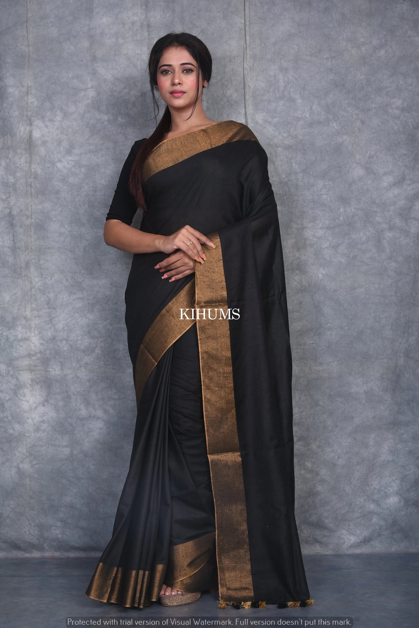 Black Handmade Cotton Silk Saree | Gold Zari Border | KIHUMS Saree kihums clothing