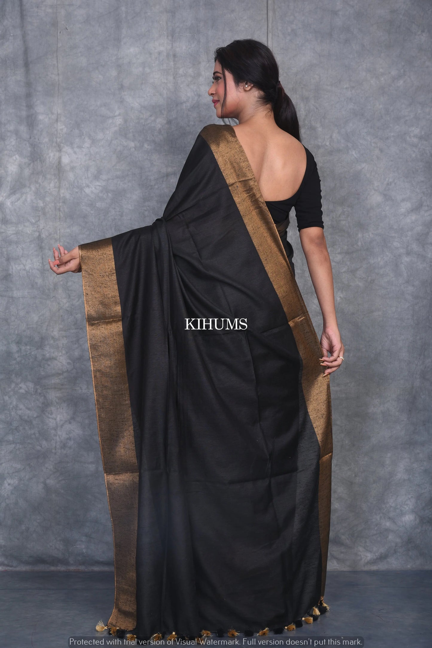 Black Handmade Cotton Silk Saree | Gold Zari Border | KIHUMS Saree kihums clothing