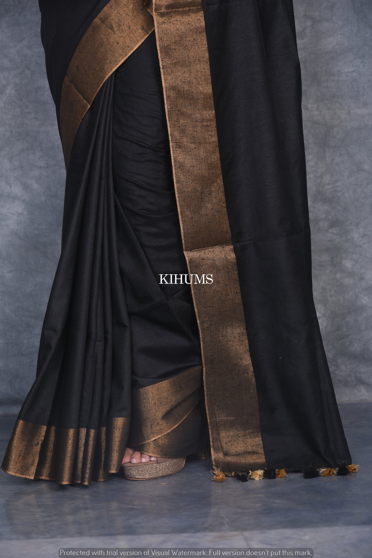 Black Handmade Cotton Silk Saree | Gold Zari Border | KIHUMS Saree