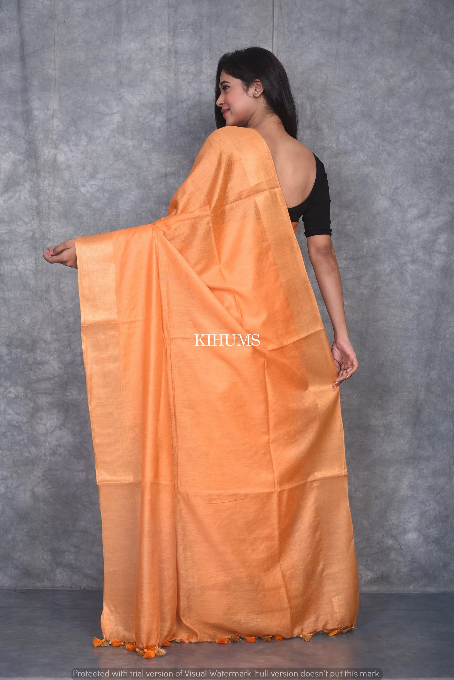 Light Orange Handmade Cotton Silk Saree | Gold Zari Border | KIHUMS Saree