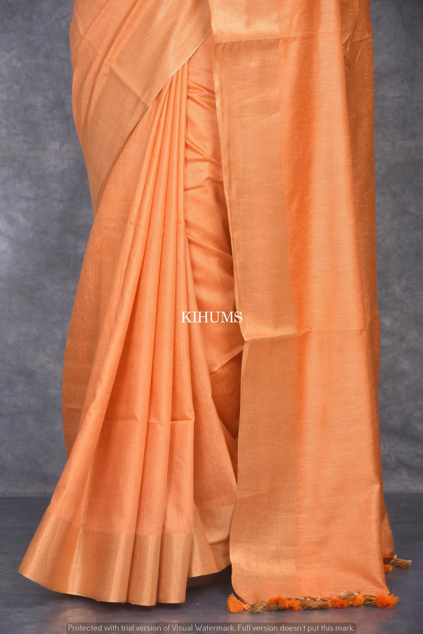 Light Orange Handmade Cotton Silk Saree | Gold Zari Border | KIHUMS Saree