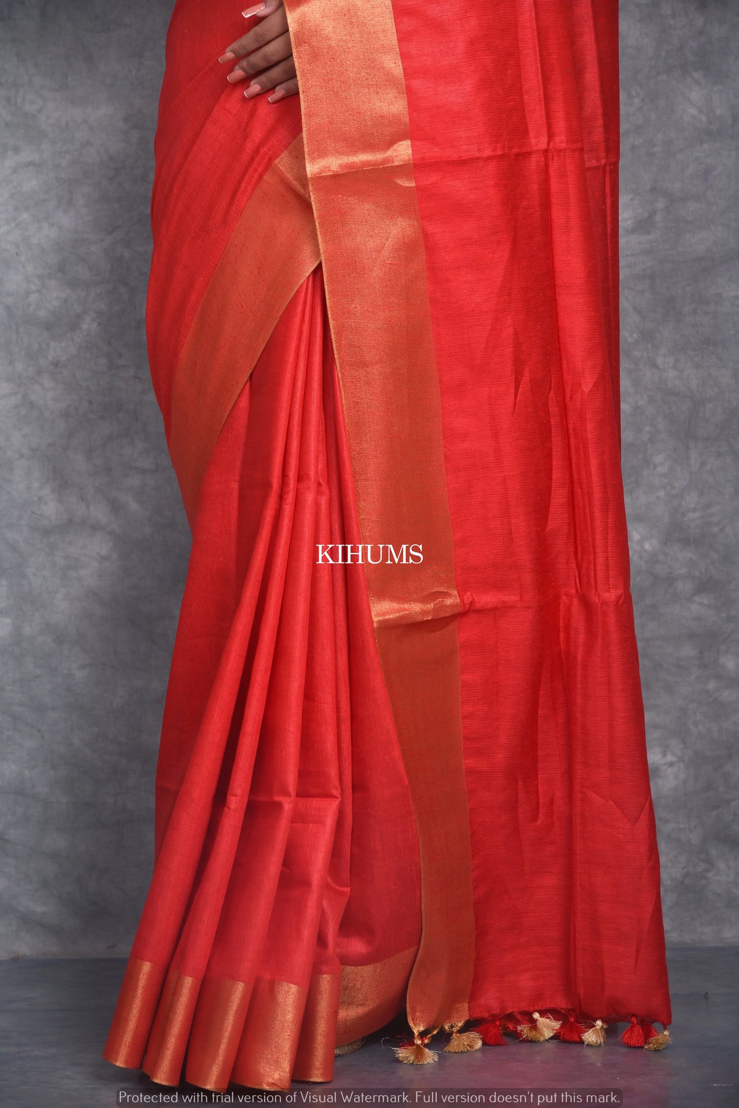 Red Shade Handmade Cotton Silk Saree | Gold Zari Border | KIHUMS Saree kihums clothing