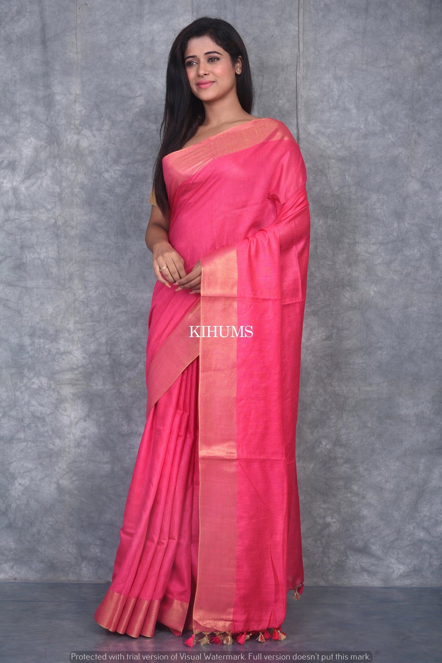 Pink Shade Handmade Cotton Silk Saree | Gold Zari Border | KIHUMS Saree kihums clothing
