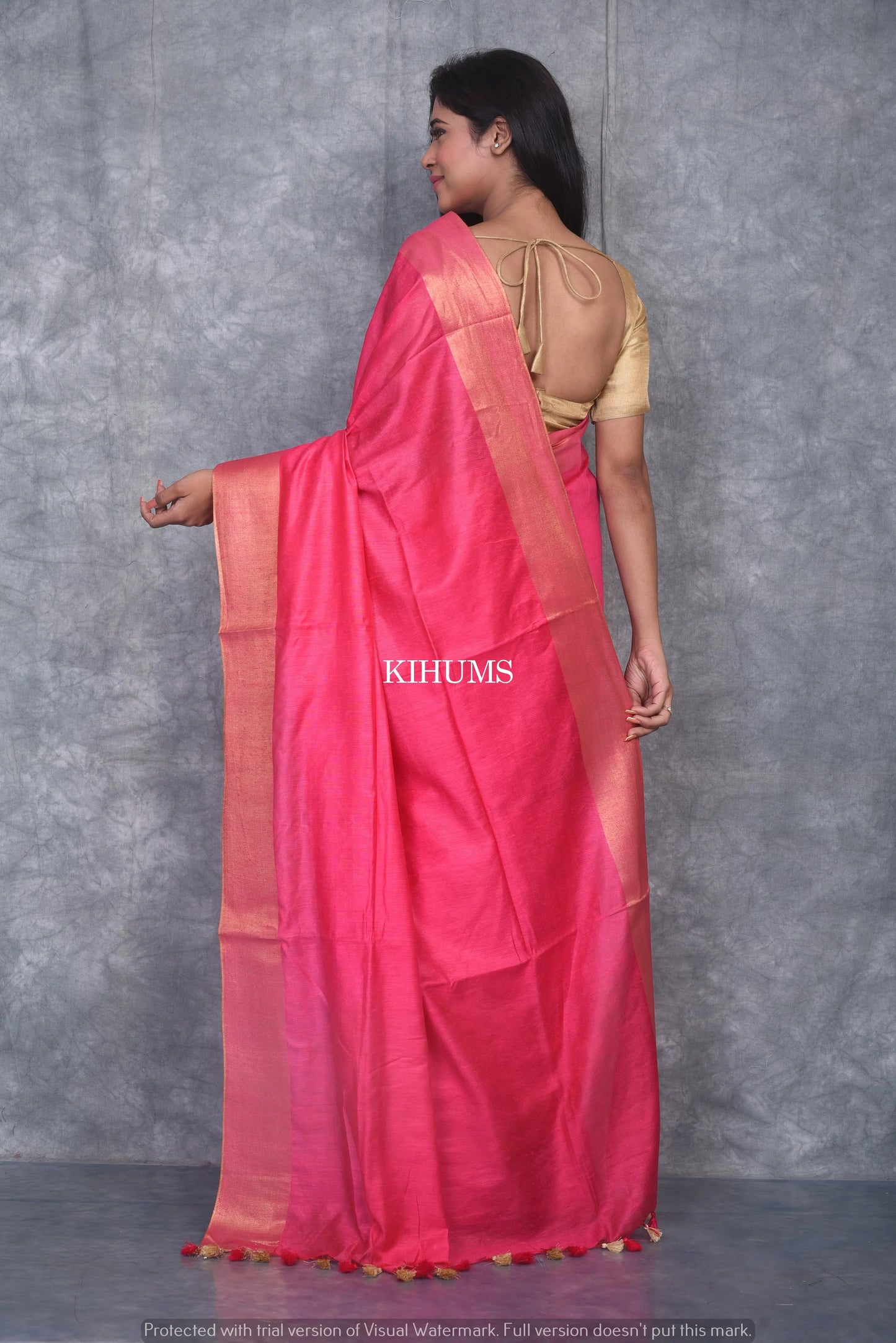Pink Shade Handmade Cotton Silk Saree | Gold Zari Border | KIHUMS Saree kihums clothing