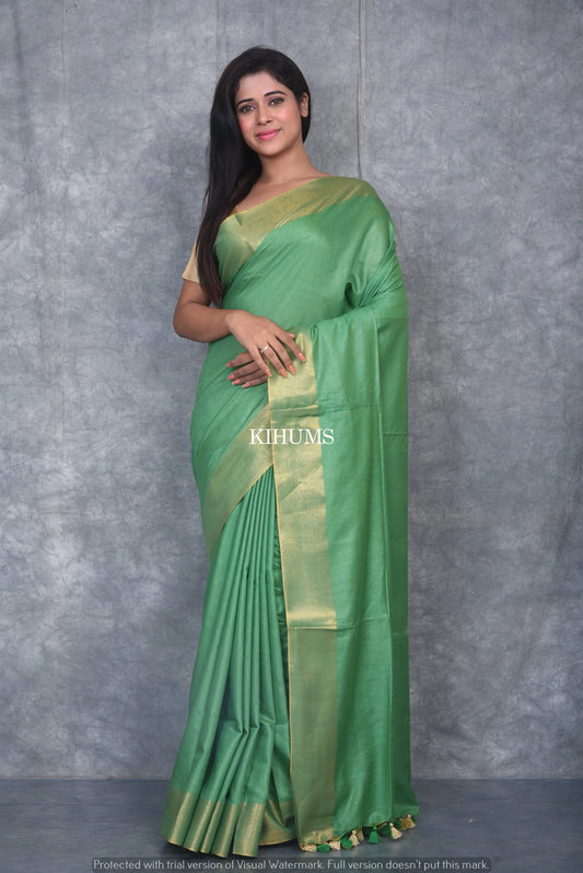 Green Shade Handmade Cotton Silk Saree | Gold Zari Border | KIHUMS Saree kihums clothing