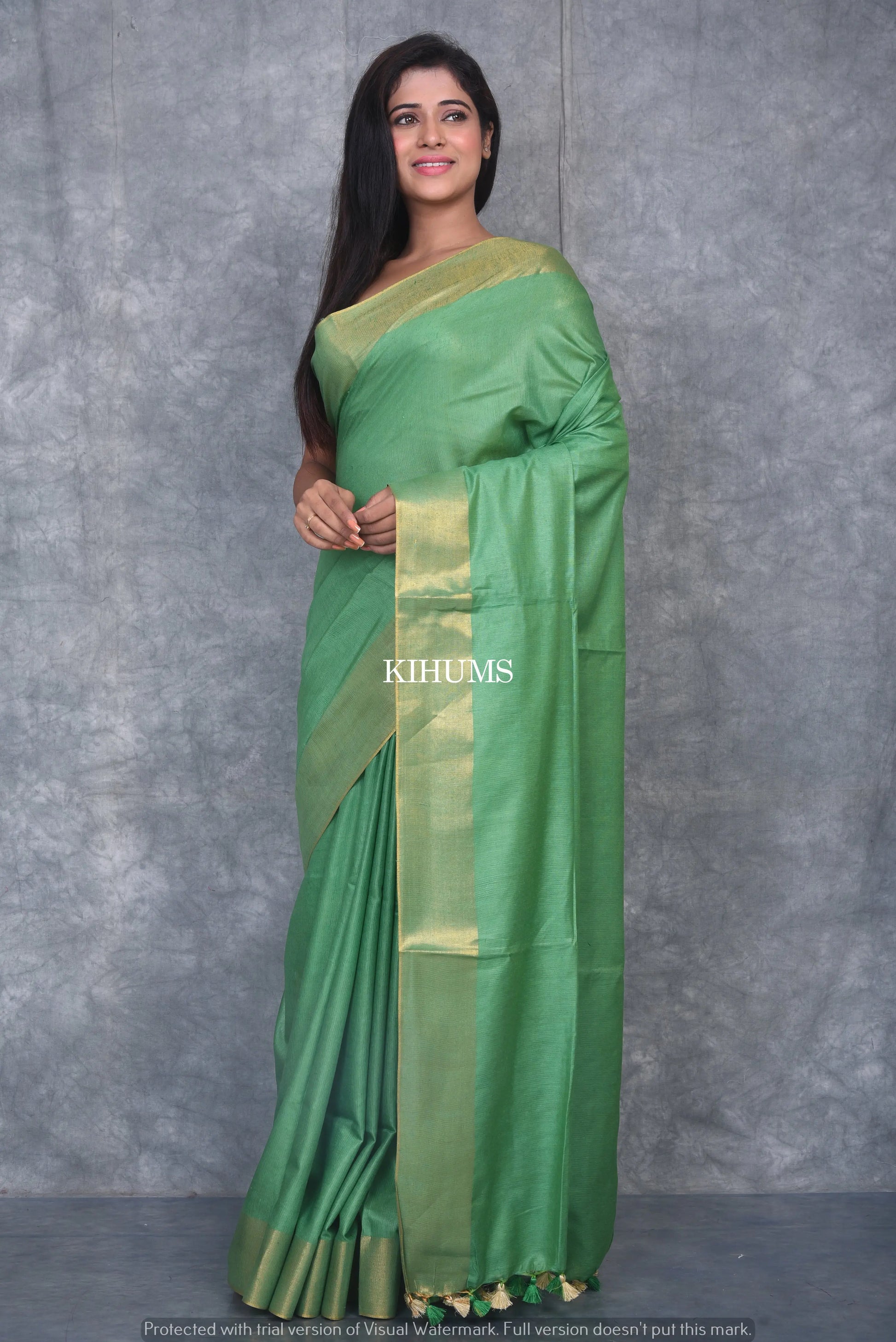 Green Shade Handmade Cotton Silk Saree | Gold Zari Border | KIHUMS Saree kihums clothing
