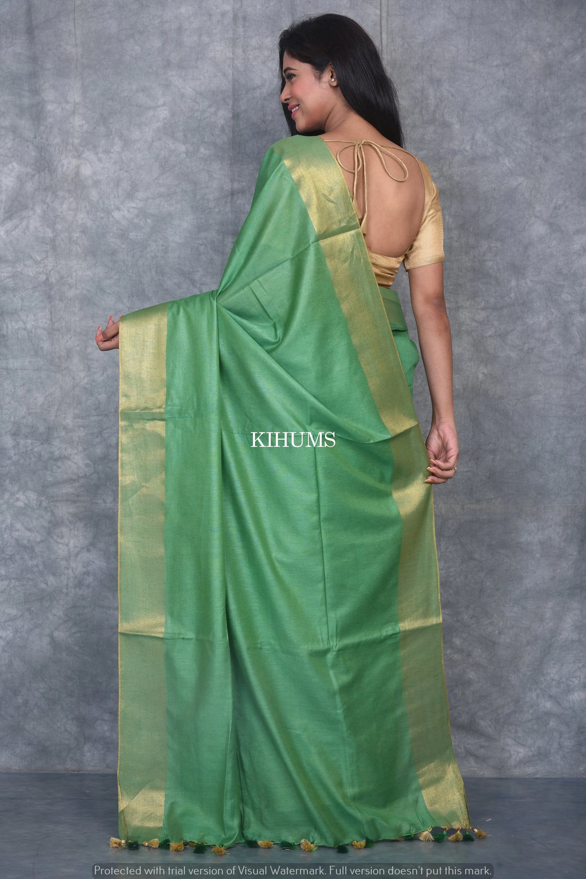 Green Shade Handmade Cotton Silk Saree | Gold Zari Border | KIHUMS Saree kihums clothing