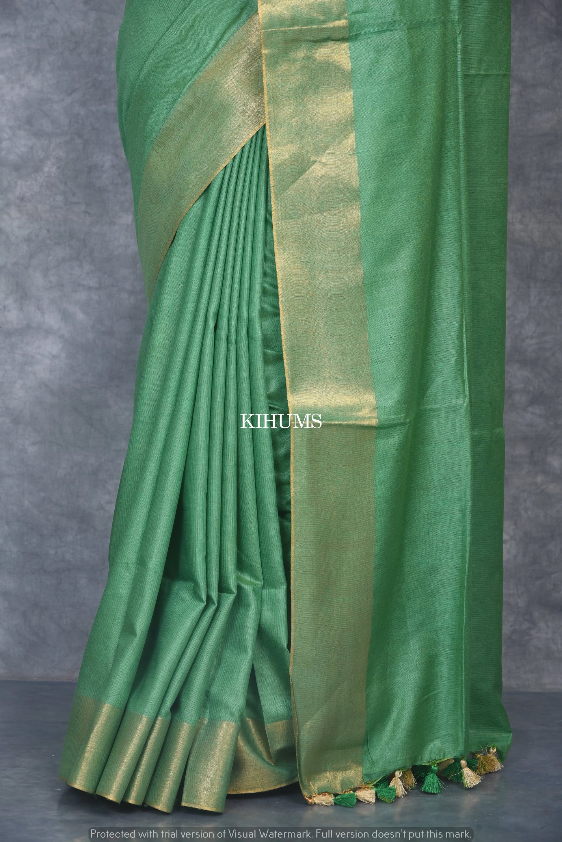 Green Shade Handmade Cotton Silk Saree | Gold Zari Border | KIHUMS Saree kihums clothing