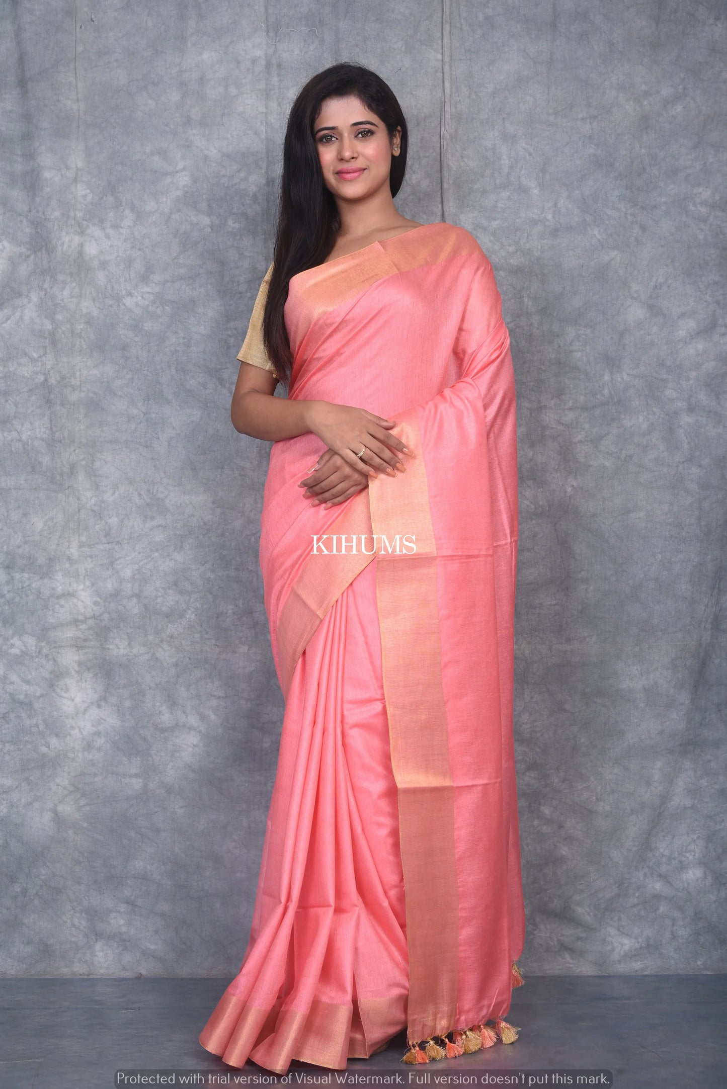 Peach shade Handmade Cotton Silk Saree | Gold Zari Border | KIHUMS Saree