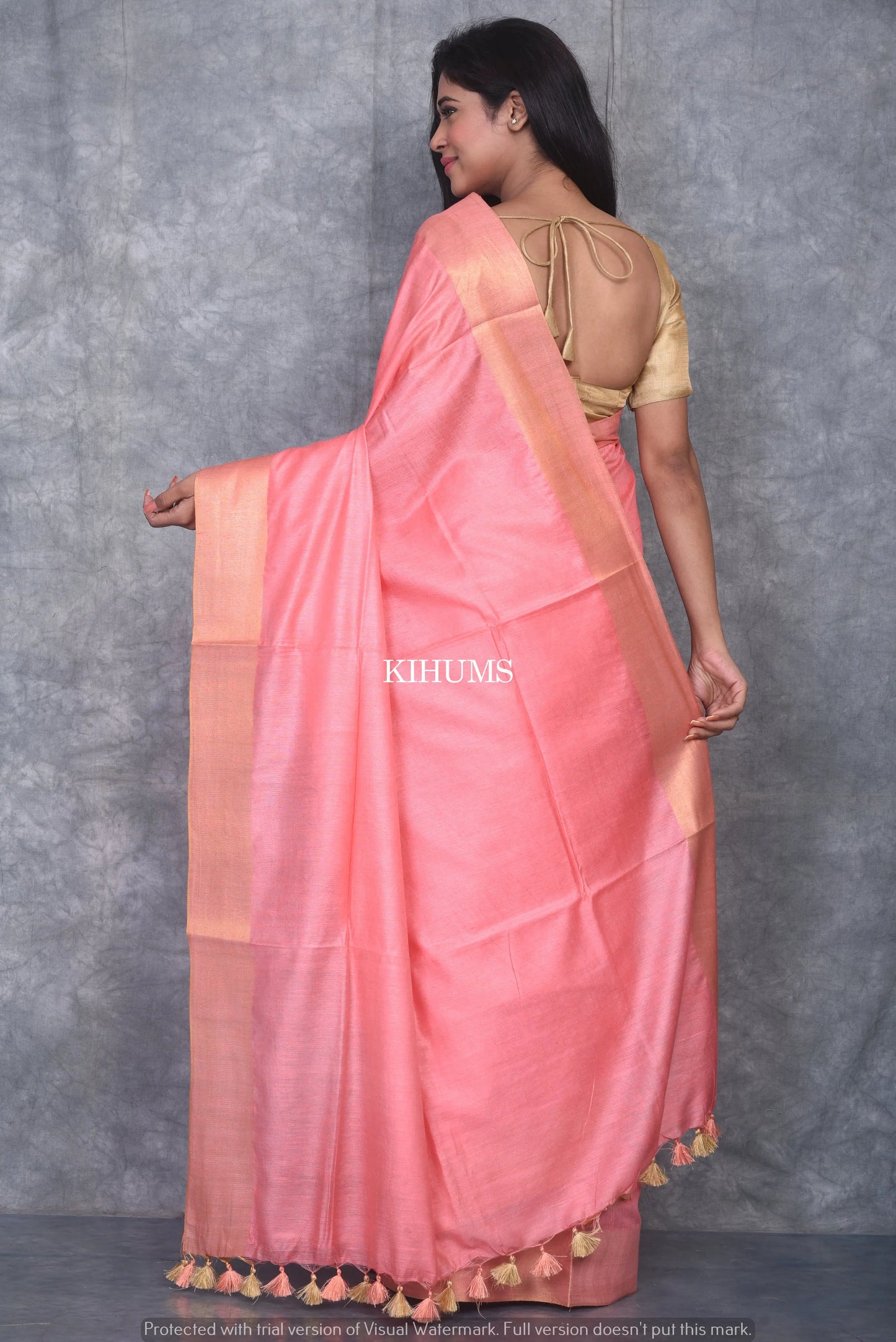 Peach shade Handmade Cotton Silk Saree | Gold Zari Border | KIHUMS Saree