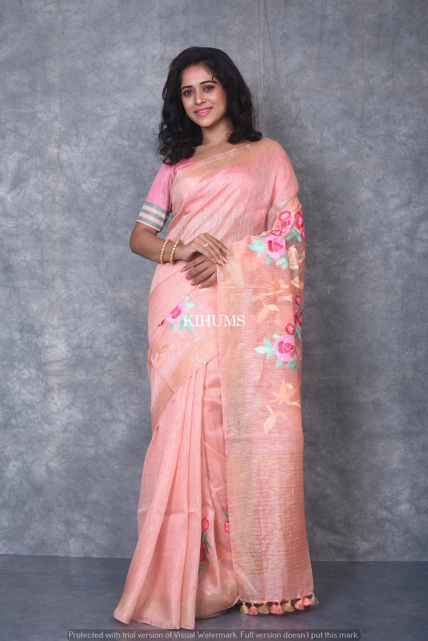 Silk Linen with hand embroidery Saree - Peach linen silk | KIHUMS saree kihums clothing