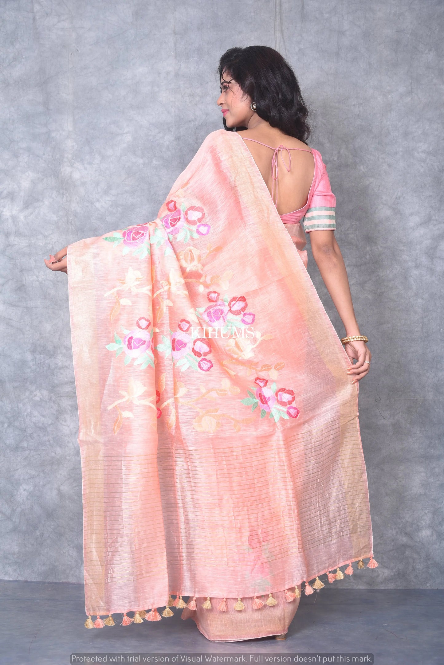 Silk Linen with hand embroidery Saree - Peach linen silk | KIHUMS saree kihums clothing