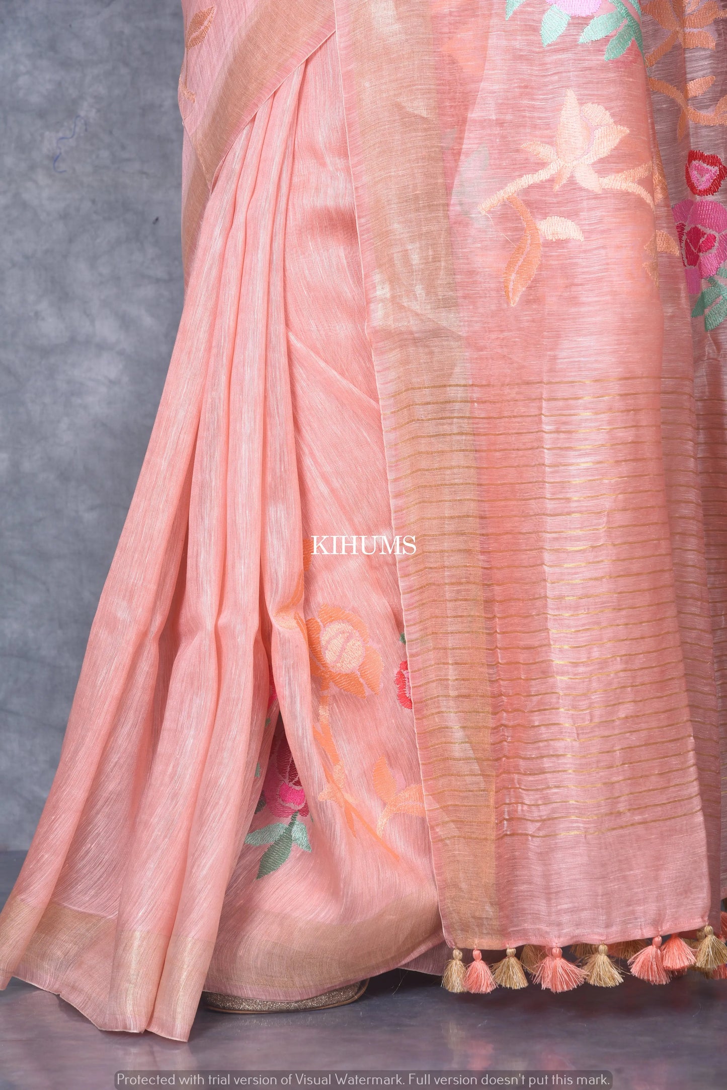 Silk Linen with hand embroidery Saree - Peach linen silk | KIHUMS saree kihums clothing
