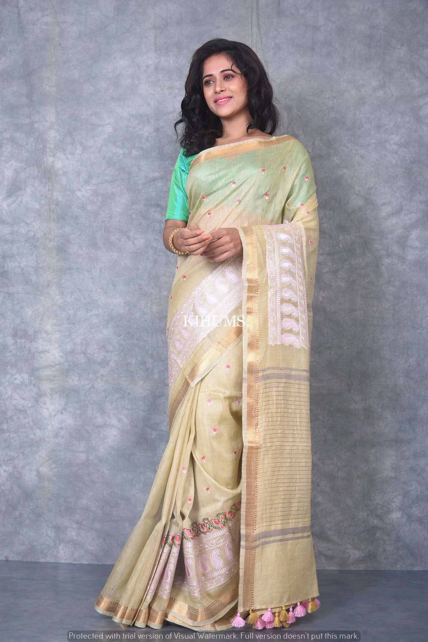 Silk Linen with hand embroidery Saree - Creamish shade linen silk | KIHUMS saree kihums clothing