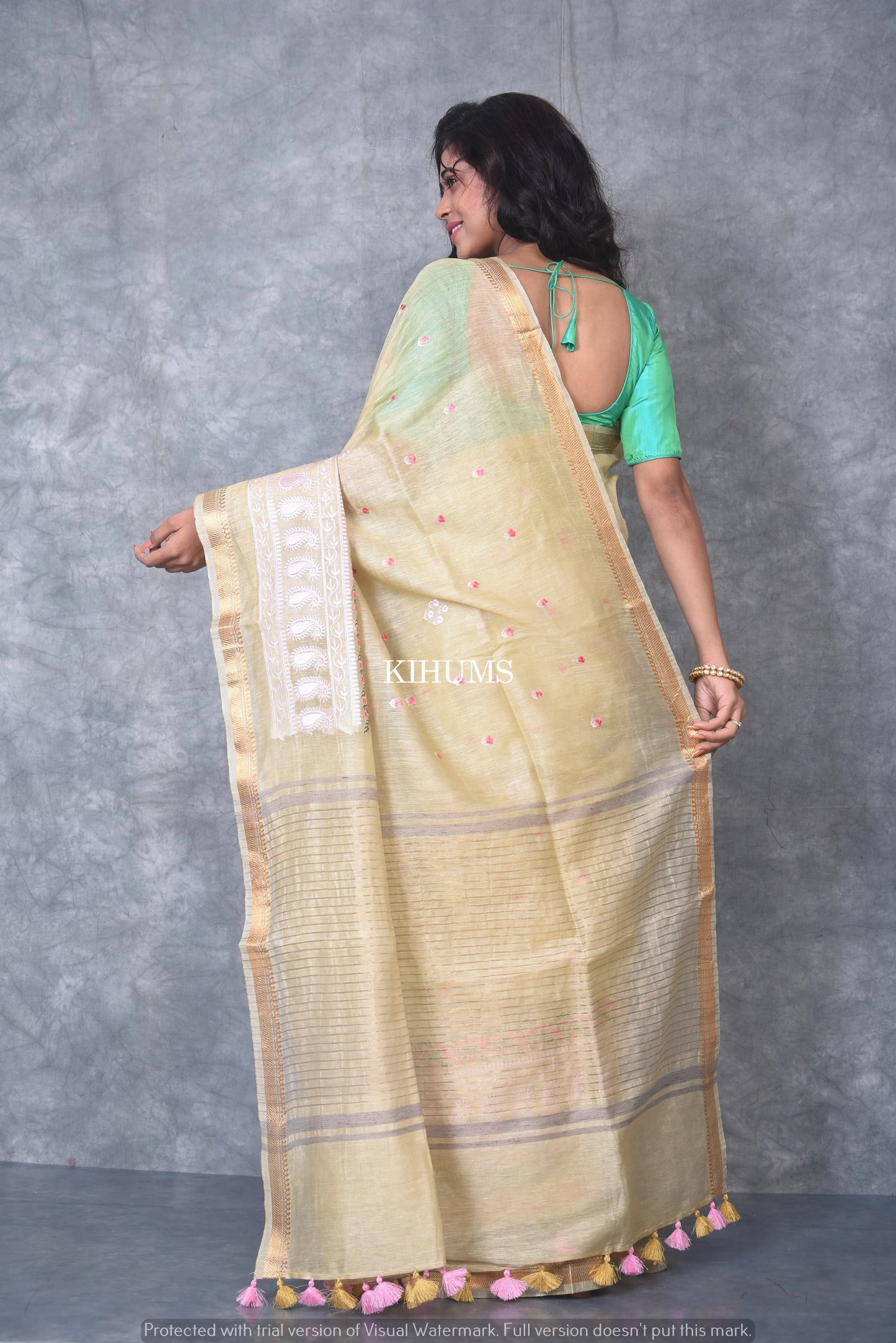 Silk Linen with hand embroidery Saree - Creamish shade linen silk | KIHUMS saree