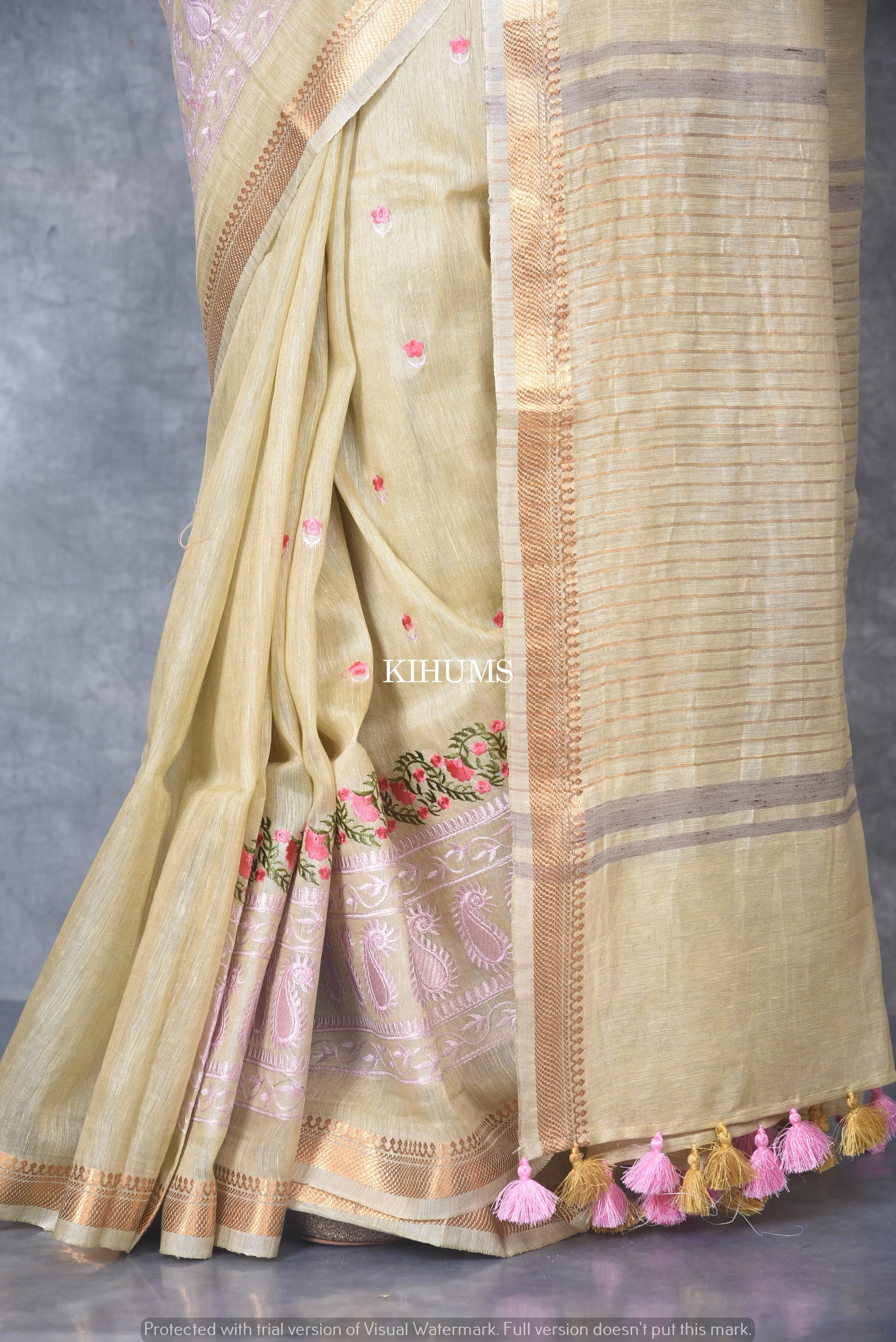 Silk Linen with hand embroidery Saree - Creamish shade linen silk | KIHUMS saree kihums clothing