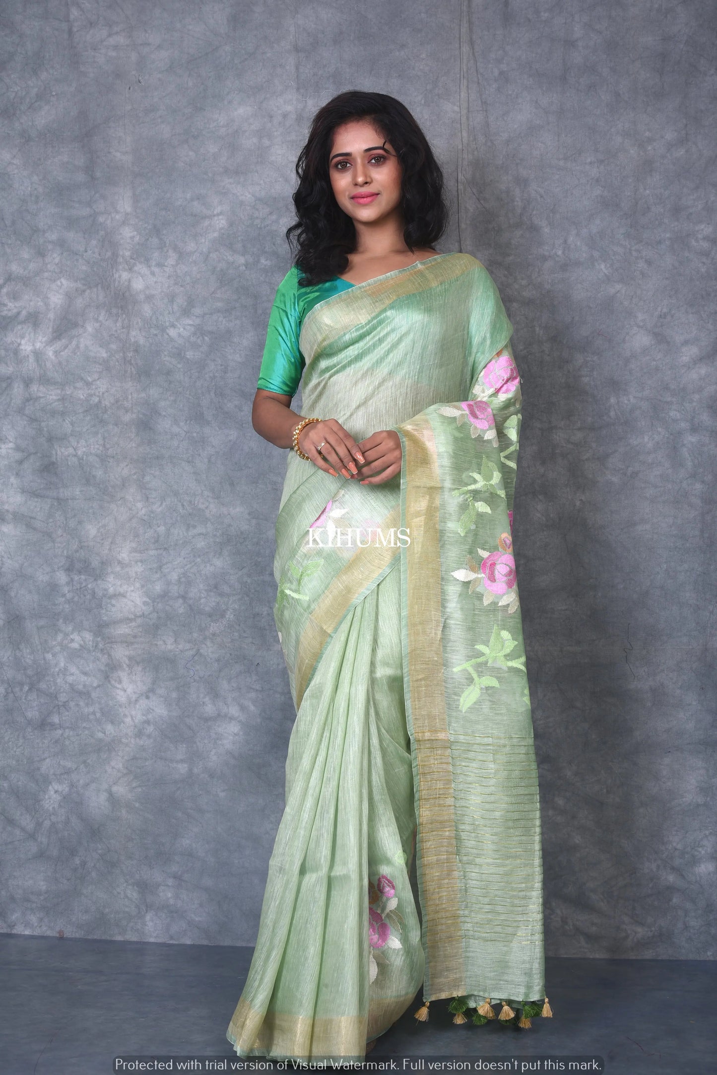 Silk Linen with hand embroidery Saree - Light Green linen silk | KIHUMS saree kihums clothing