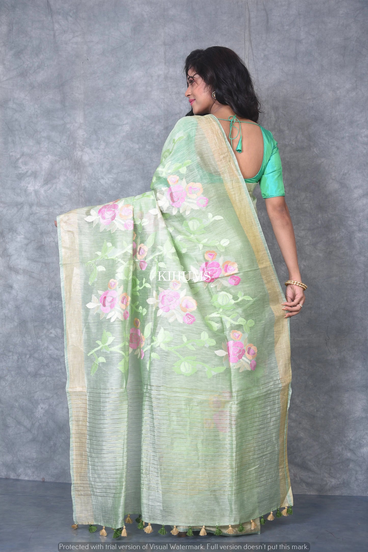 Silk Linen with hand embroidery Saree - Light Green linen silk | KIHUMS saree kihums clothing