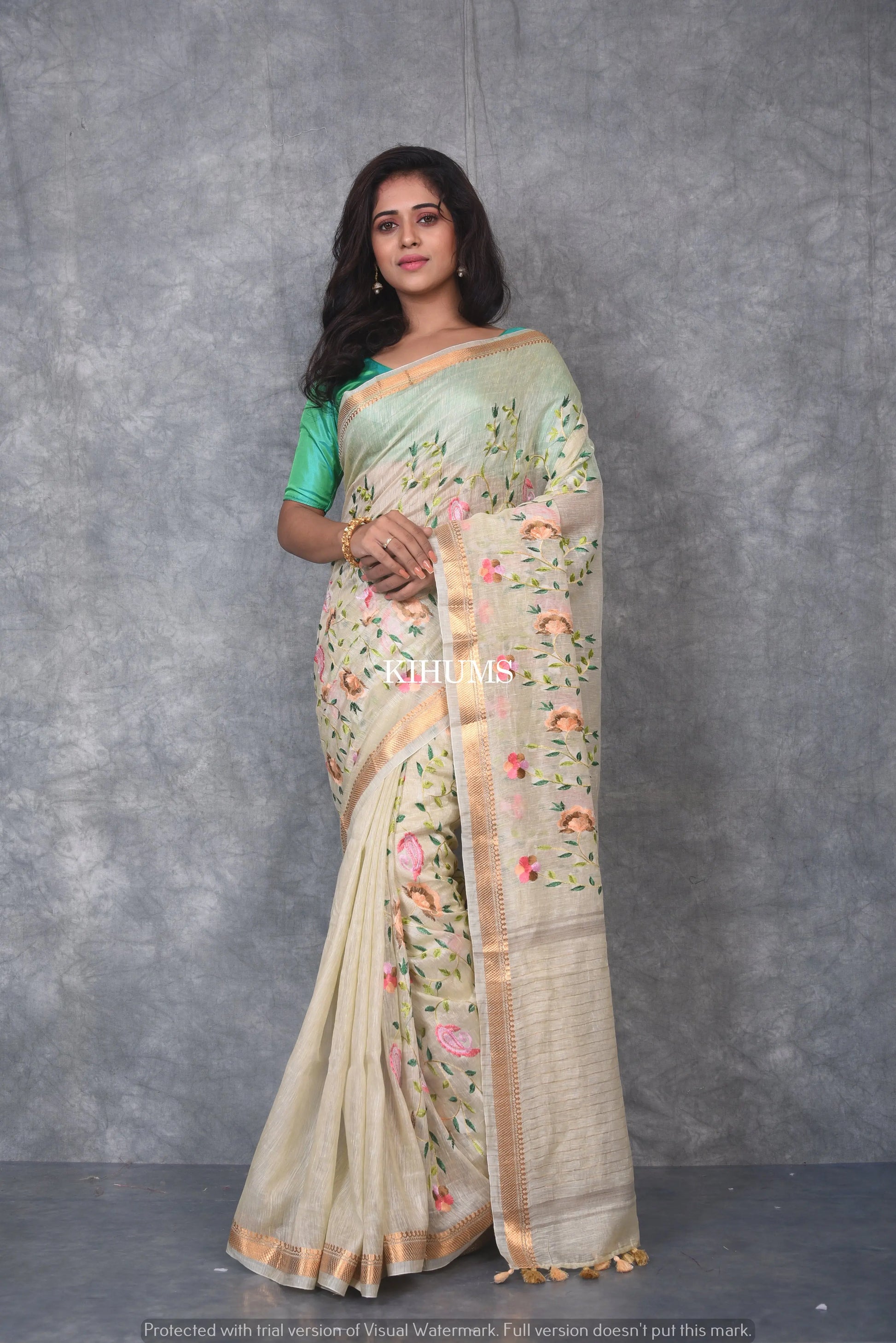 Cream Silk Linen with Floral Embroidery | KIHUMS Saree kihums clothing