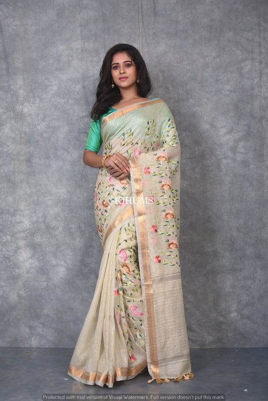 Cream Silk Linen with Floral Embroidery | KIHUMS Saree kihums clothing