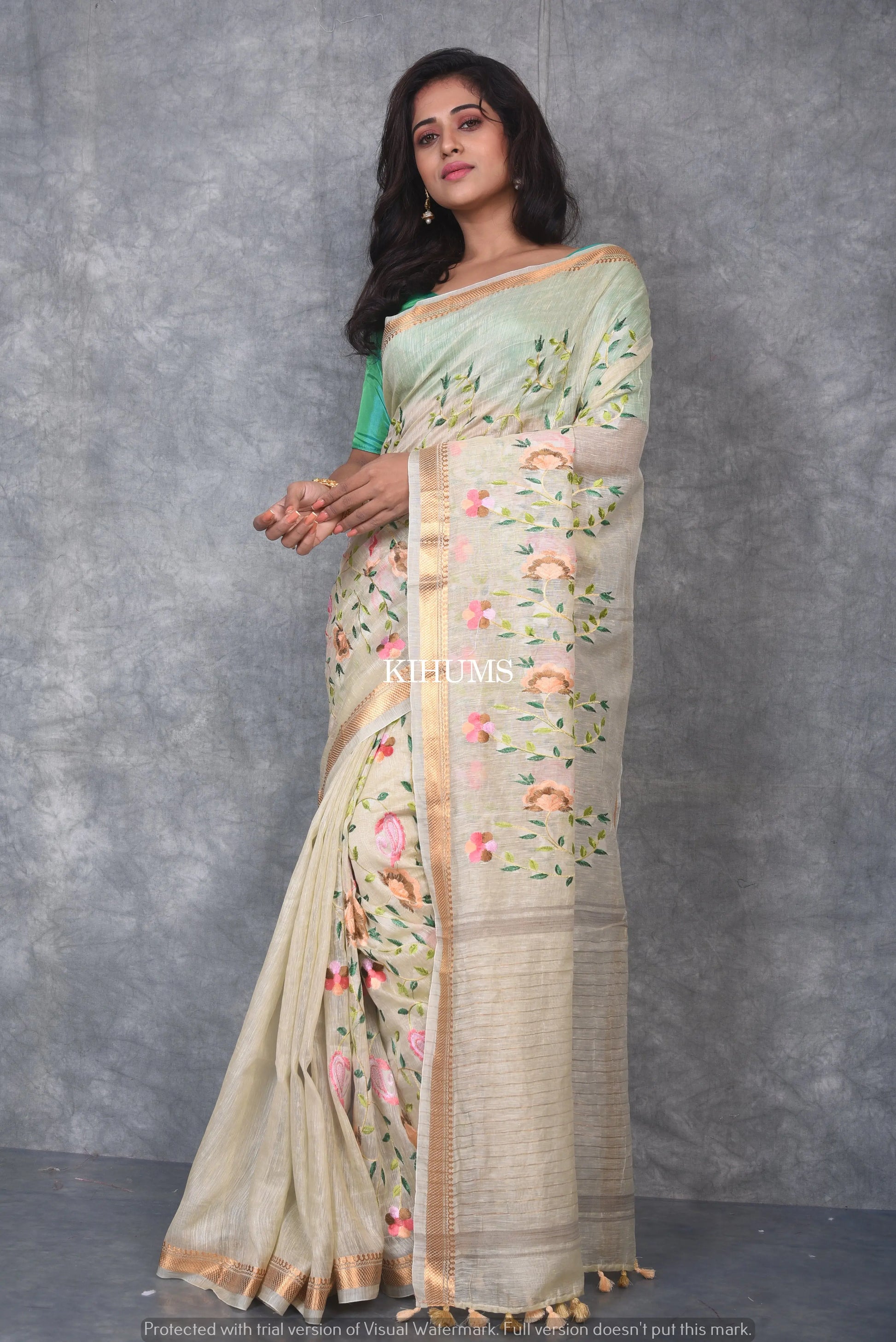 Cream Silk Linen with Floral Embroidery | KIHUMS Saree kihums clothing
