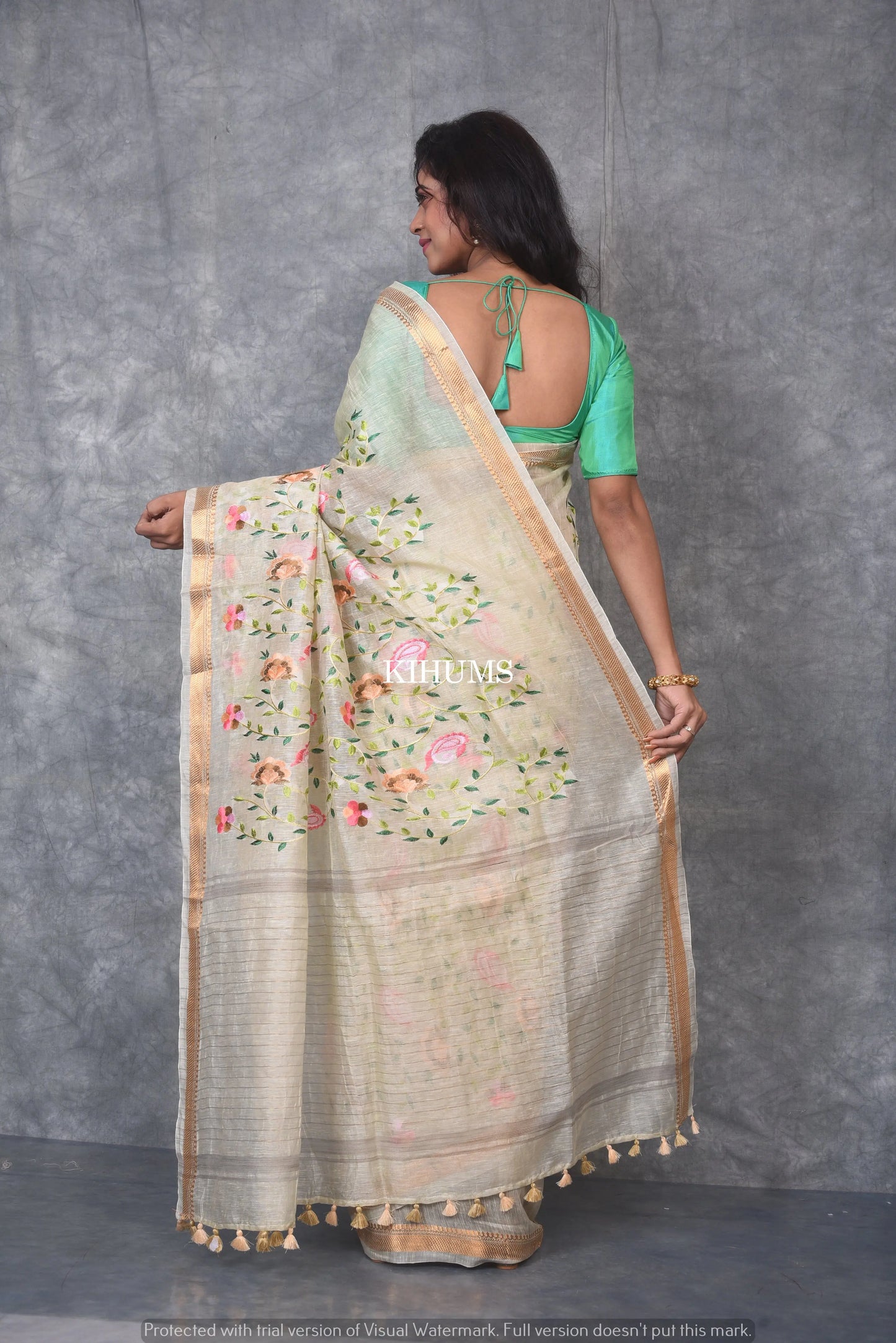 Cream Silk Linen with Floral Embroidery | KIHUMS Saree kihums clothing