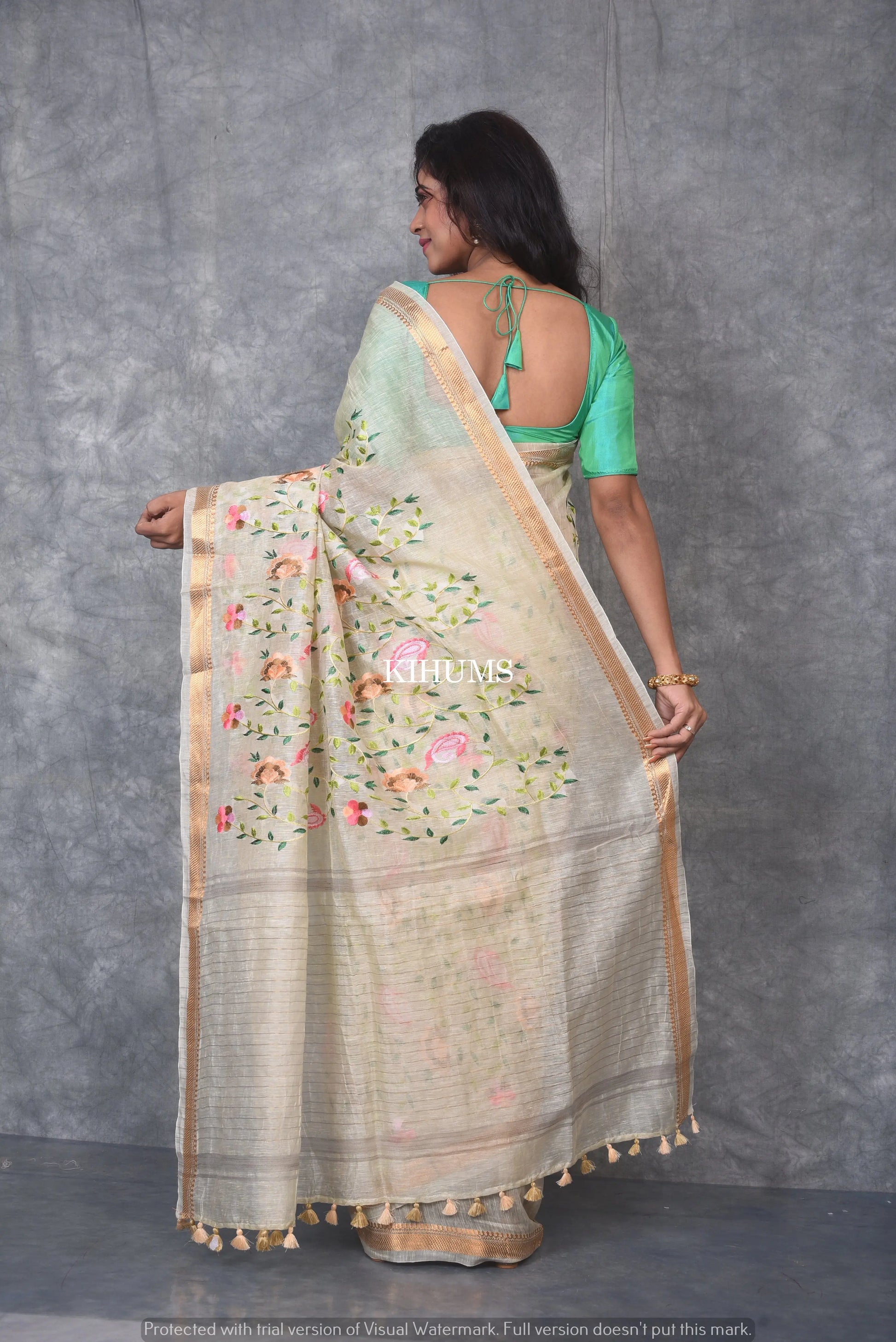 Cream Silk Linen with Floral Embroidery | KIHUMS Saree kihums clothing