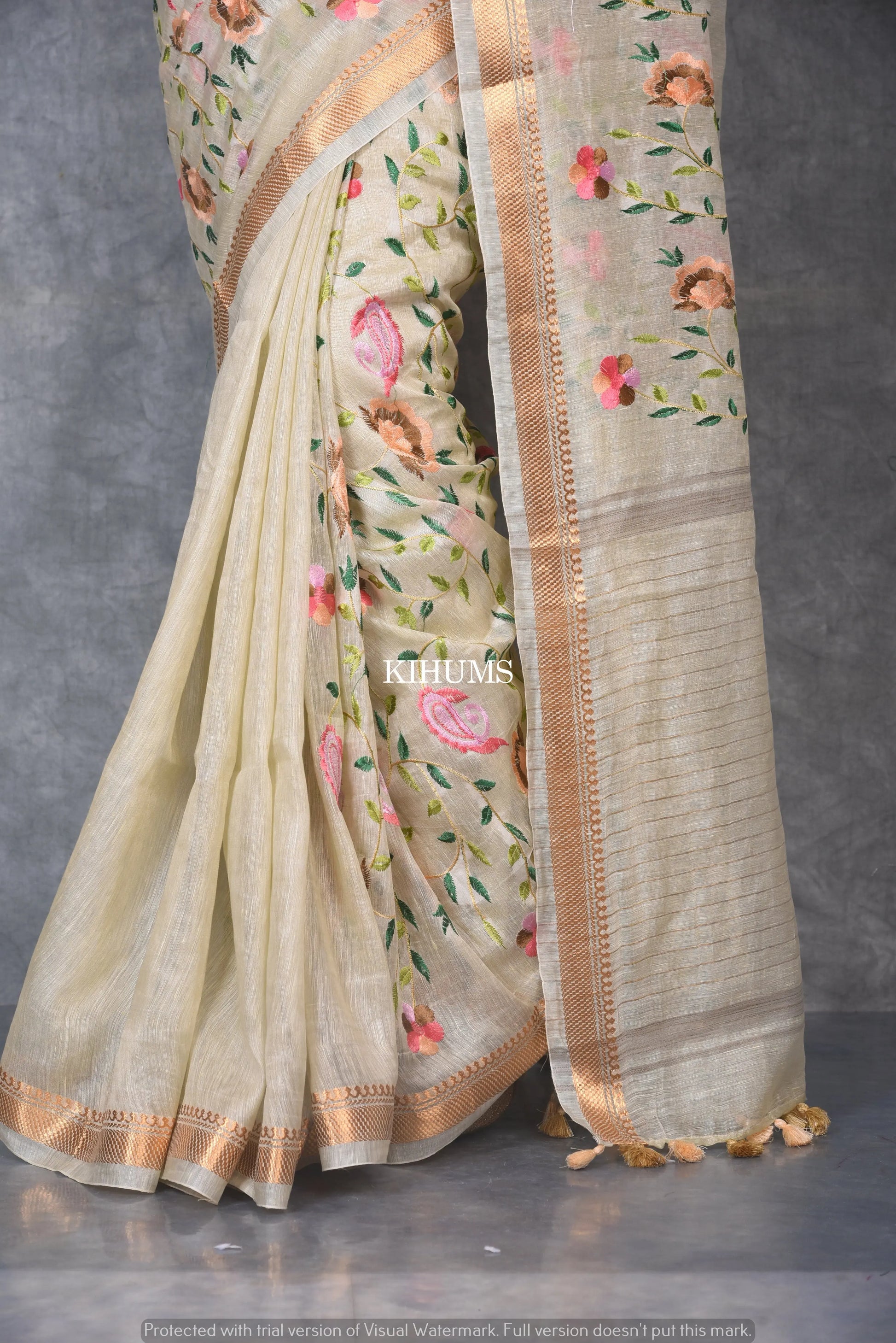 Cream Silk Linen with Floral Embroidery | KIHUMS Saree kihums clothing