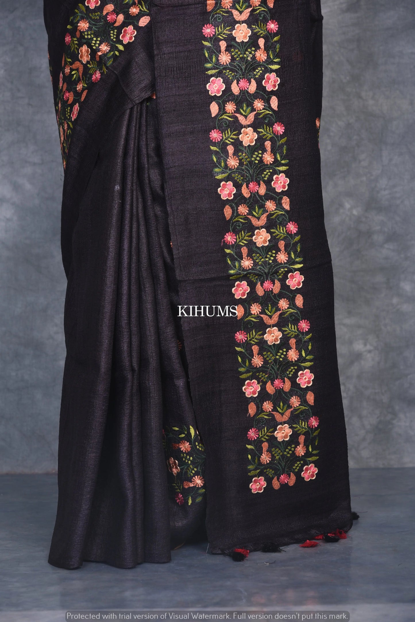 Black Tussar Silk Saree with Floral Embroidery | KIHUMS Saree kihums clothing