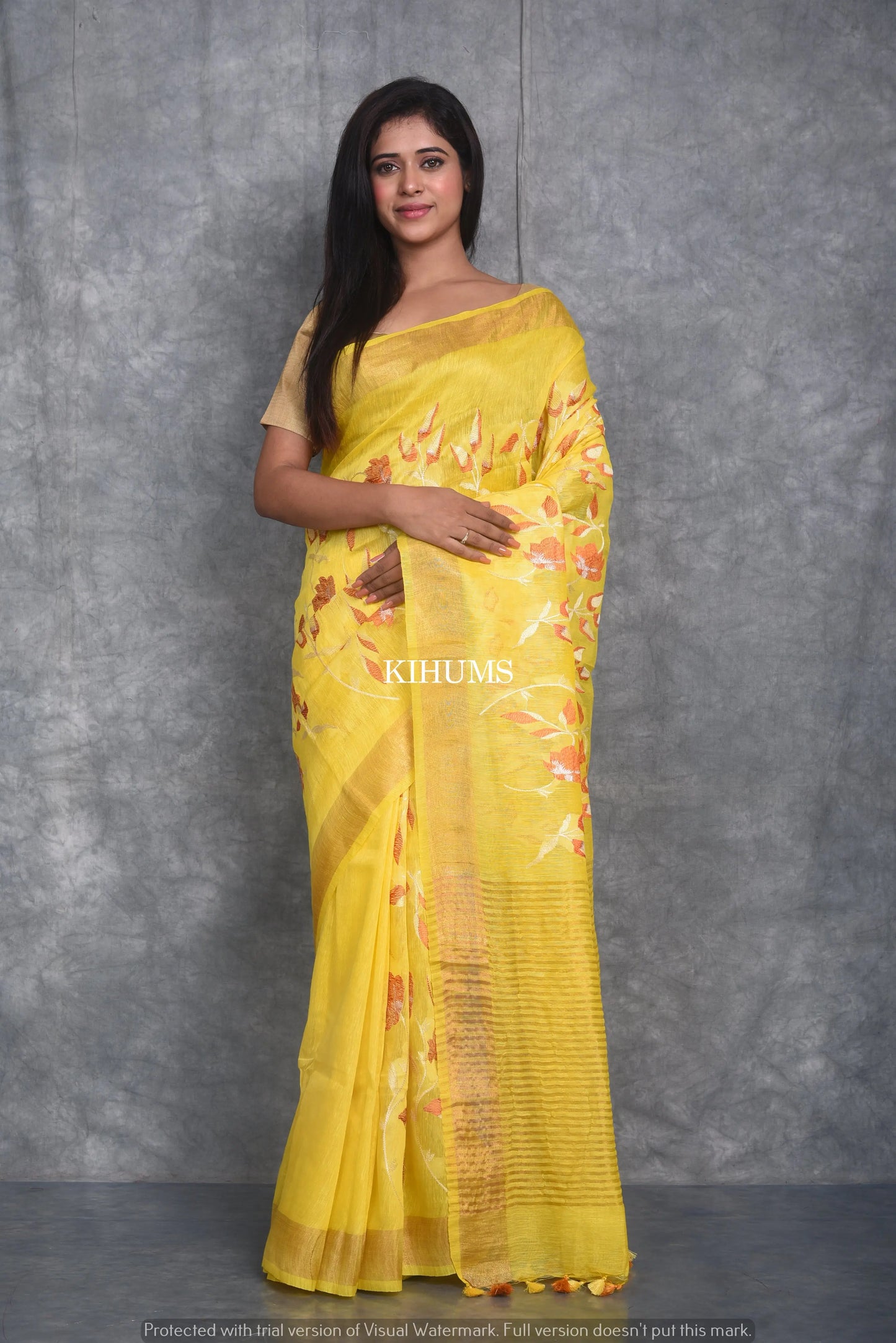 Yellow Silk Linen Saree with Floral Embroidery | KIHUMS Saree kihums clothing