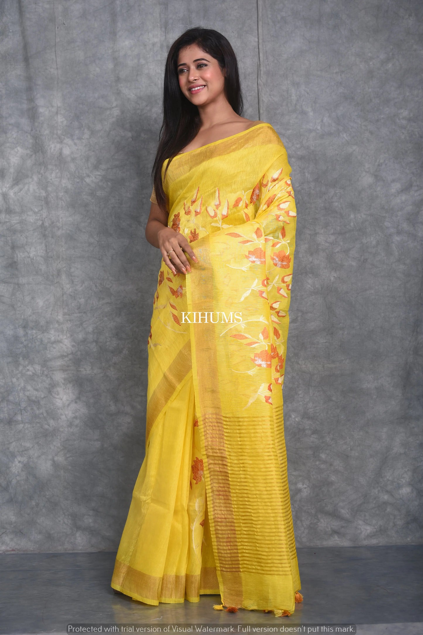 Yellow Silk Linen Saree with Floral Embroidery | KIHUMS Saree kihums clothing
