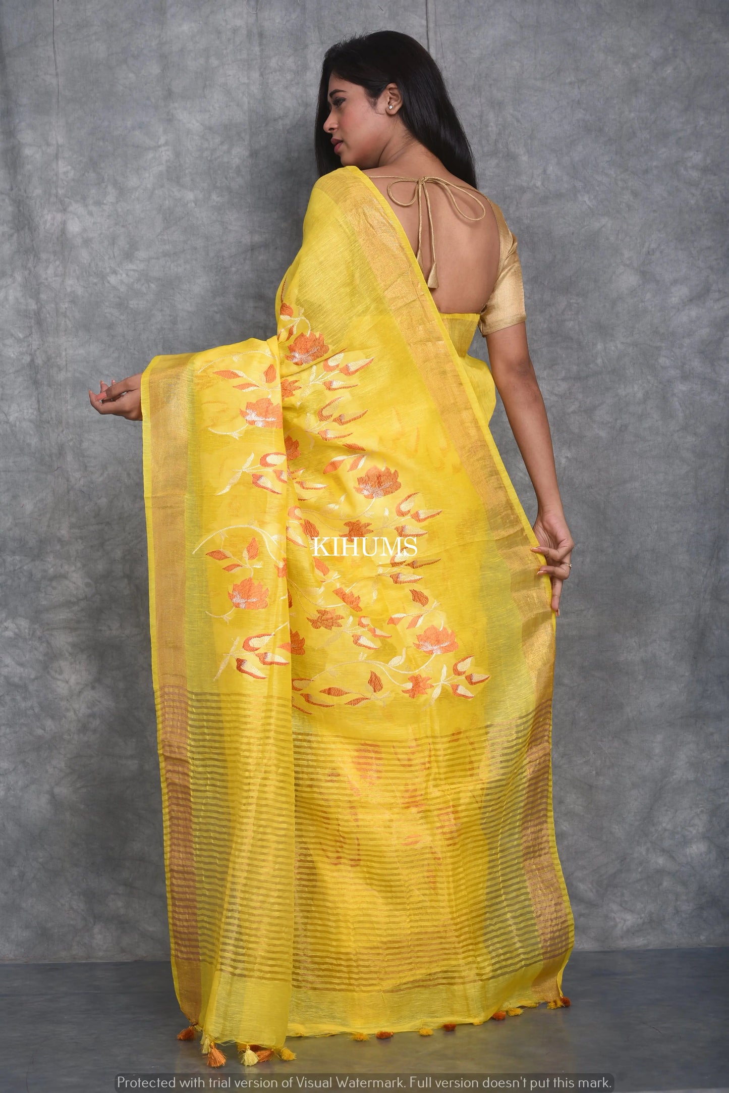 Yellow Silk Linen Saree with Floral Embroidery | KIHUMS Saree kihums clothing