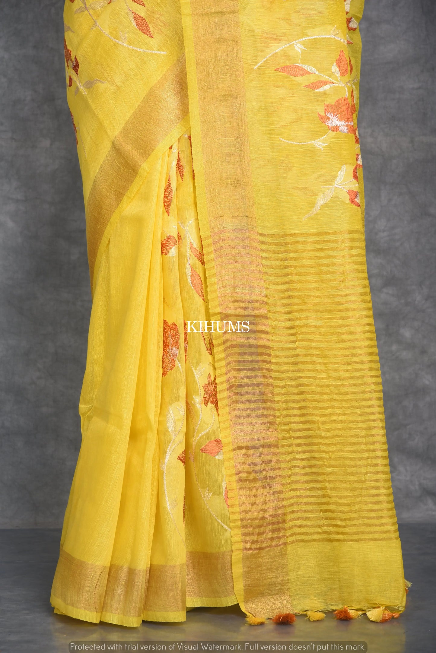 Yellow Silk Linen Saree with Floral Embroidery | KIHUMS Saree kihums clothing