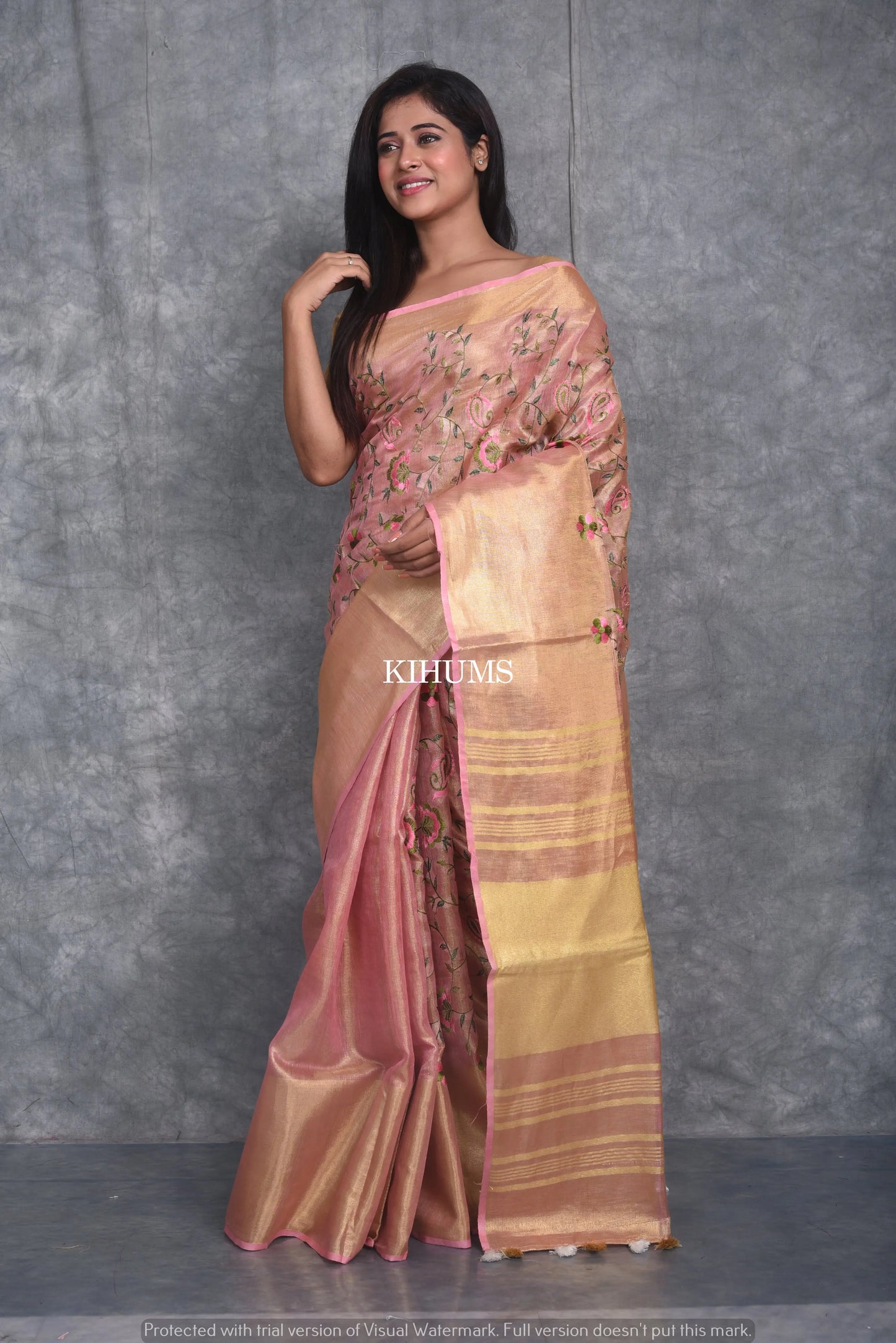 Pink and Gold Tissue Linen Saree with Floral Embroidery | KIHUMS Saree kihums clothing