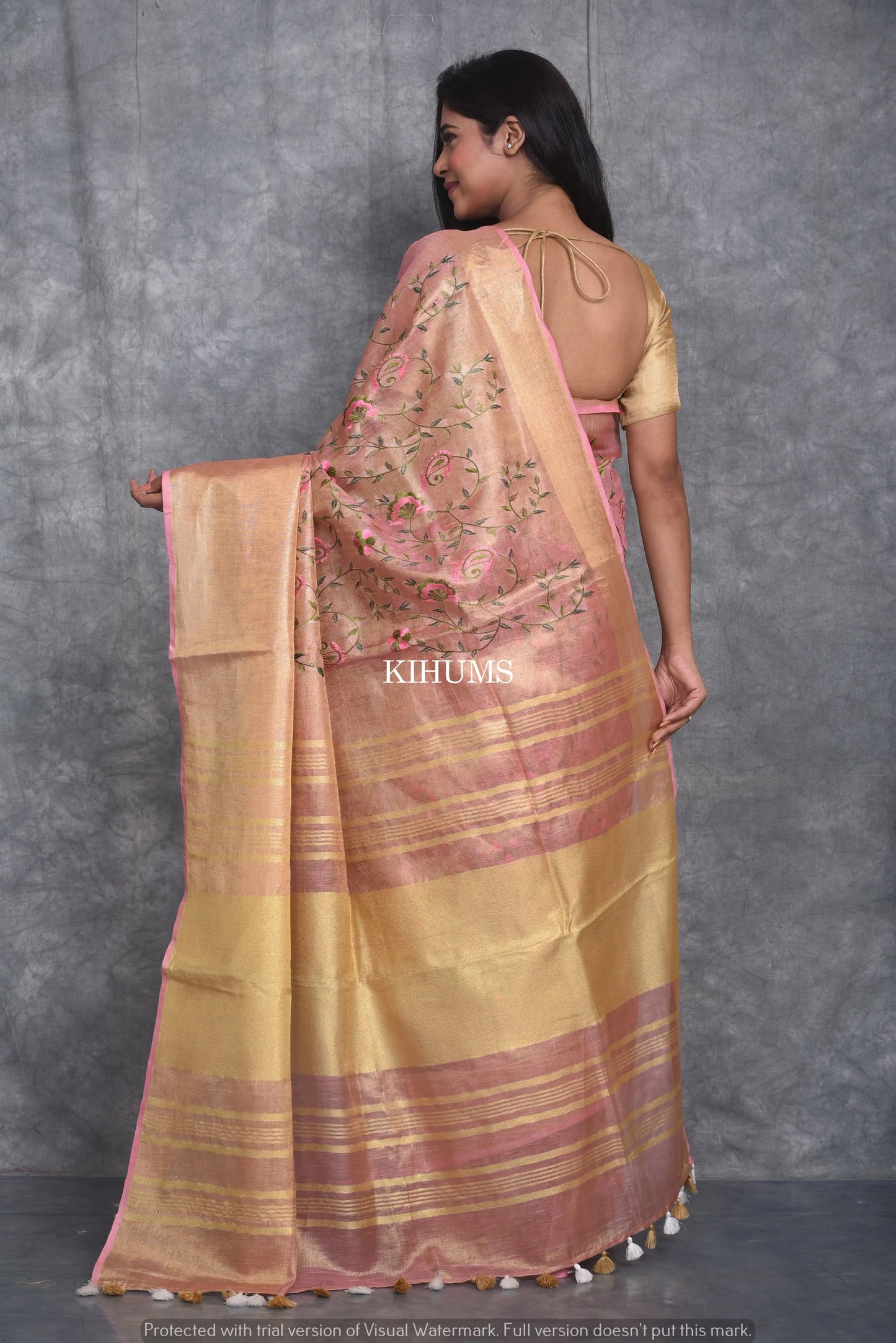 Pink and Gold Tissue Linen Saree with Floral Embroidery | KIHUMS Saree kihums clothing