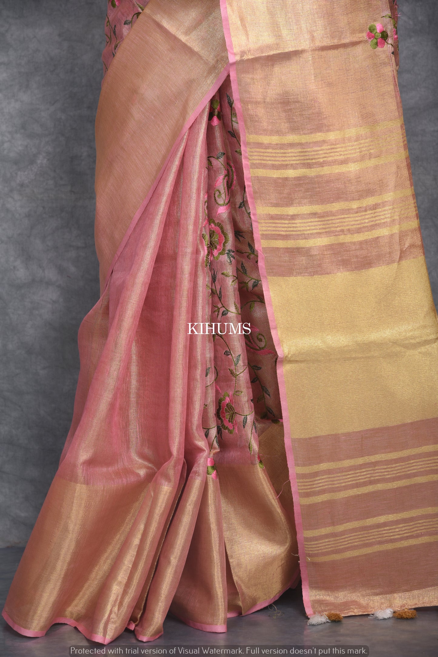 Pink and Gold Tissue Linen Saree with Floral Embroidery | KIHUMS Saree