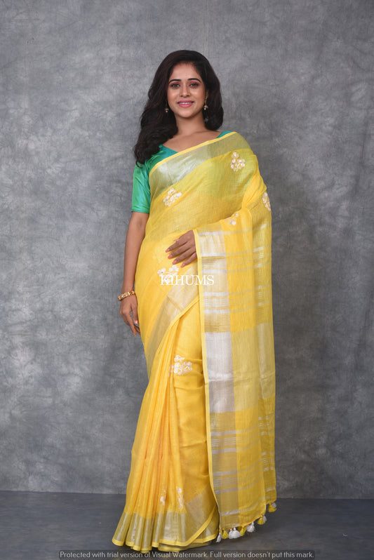 Yellow Handwoven Linen Saree with Embroidery Work | Silver Zari Border | KIHUMS Saree