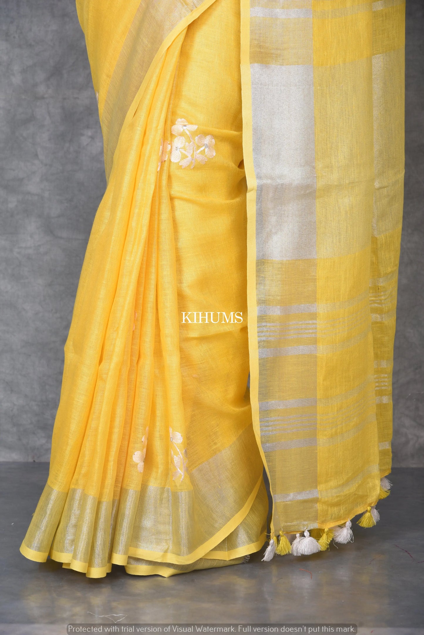 Yellow Handwoven Linen Saree with Embroidery Work | Silver Zari Border | KIHUMS Saree kihums clothing